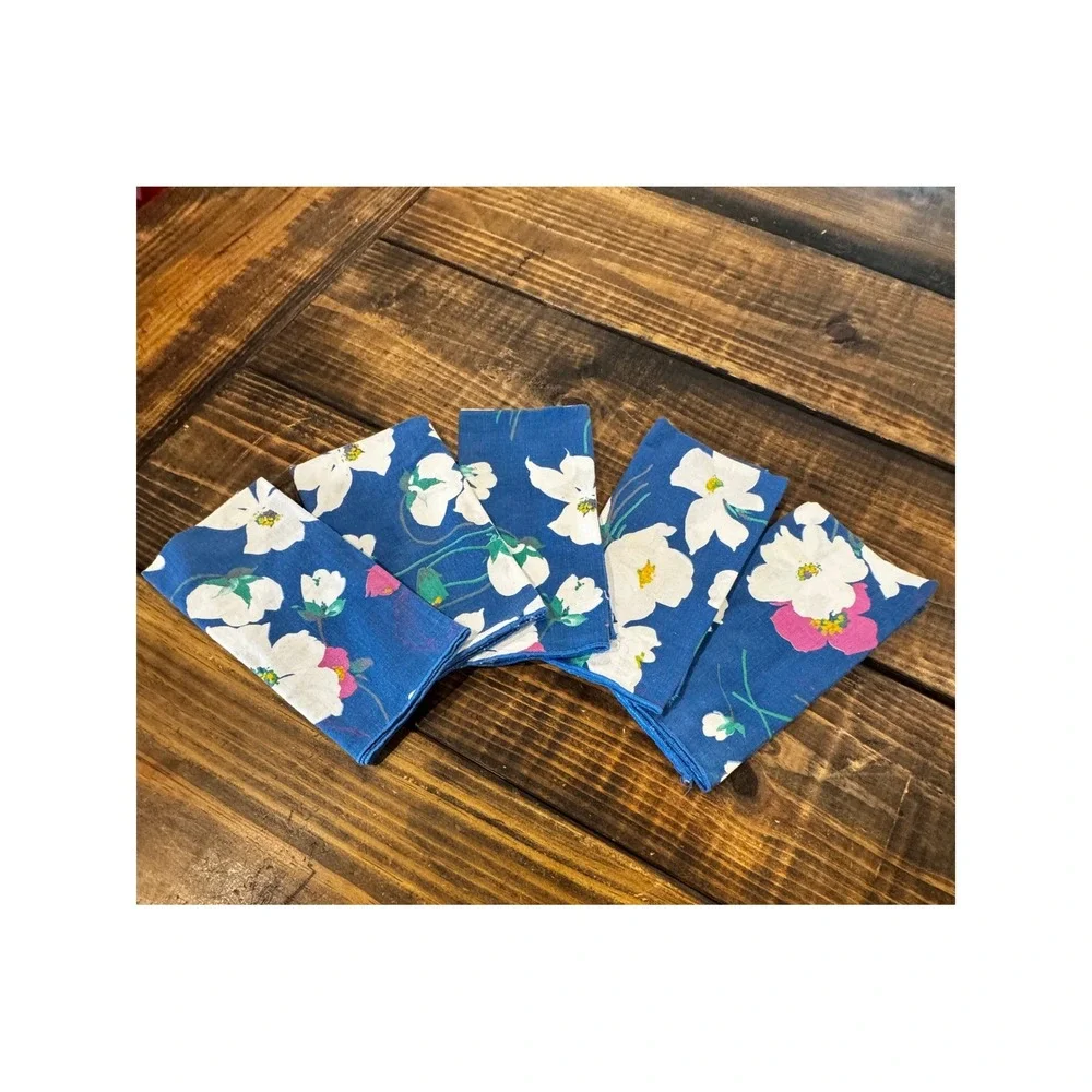 Vintage Floral Napkins Blue White Pink Set of 5 Botanical Cottagecore 16x15.5